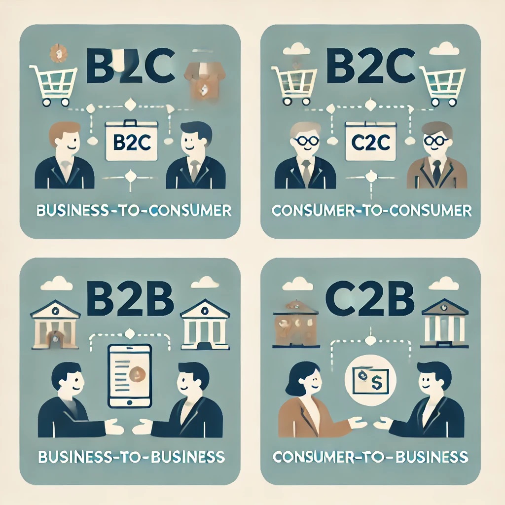 four e-commerce types: B2C (shopping cart), C2C (people exchanging goods), B2B (connected buildings), and C2B (person offering service to business). 电子商务
